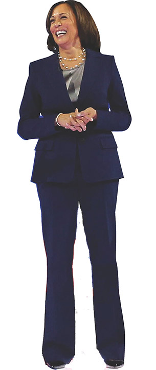 Kamala Harris in navy blue pants suit