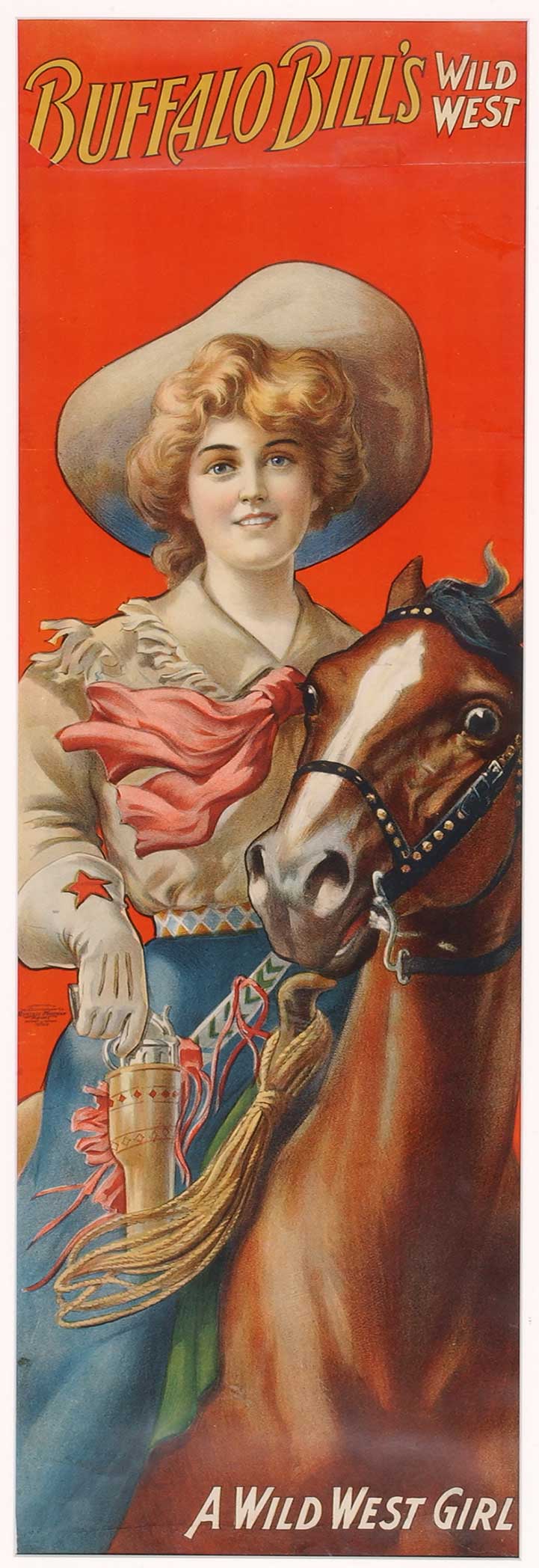Poster of cowgirl on her horse for Buffalo Bill show
